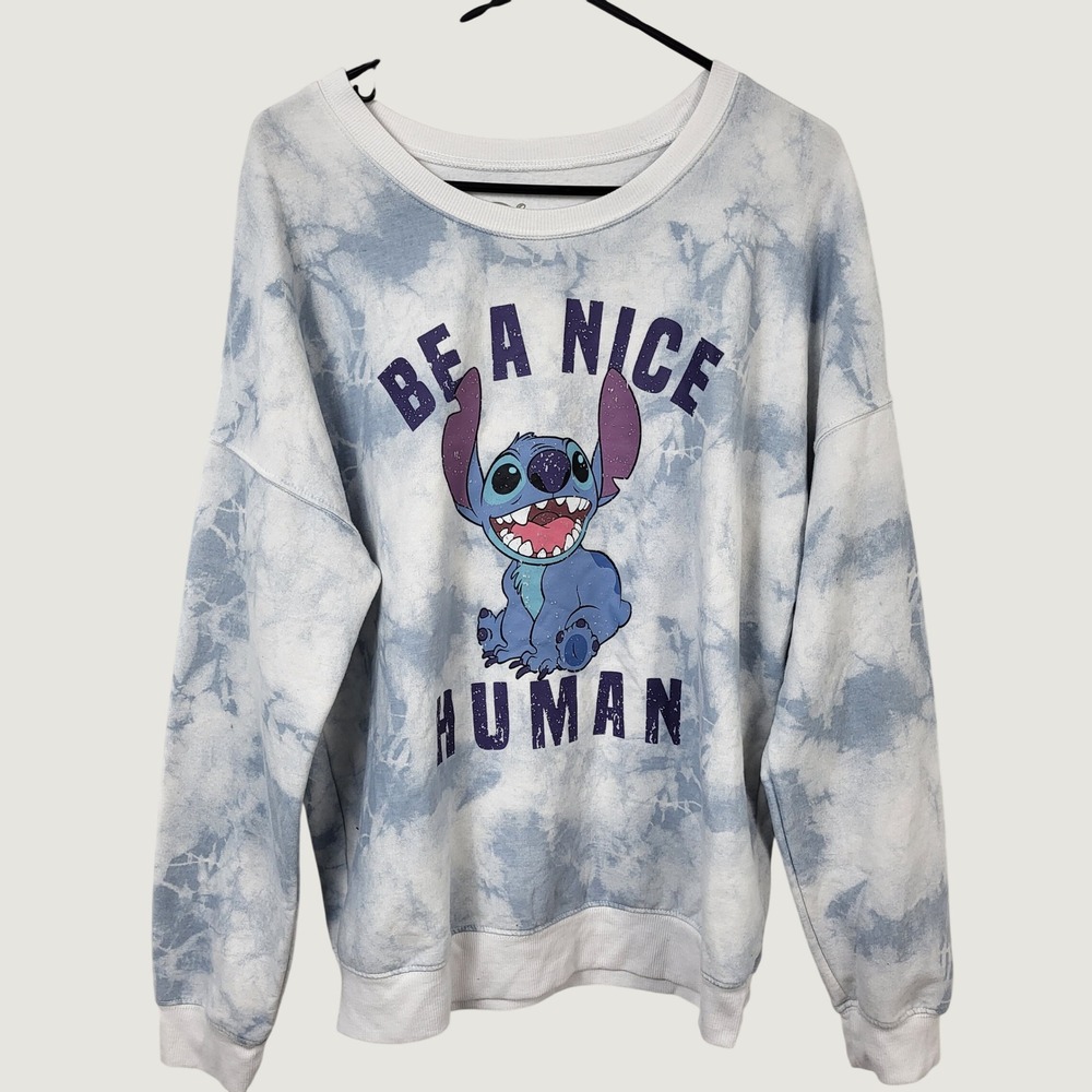 Disney Lilo & Stitch Be A‎ Nice Human Sweatshirt Womens XL Blue Tie Dye Crewneck